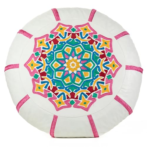 MOROCCO-DREAM-HANDMADE-Pouf-Ottoman-Cover--Faux-Leather-Pouf-Cover-Hand-Stitched-Round-Pouf-for-Living-Room-Bedroom-Outdoor-Gift-Box-23-x-11-inches-Colorful-Pink