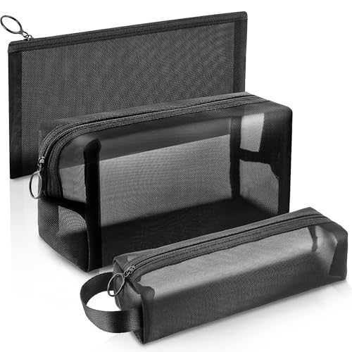 Image of Mesh Pencil Case 3 Pack Clear Pencil Pouch, Pencil Bag, Cosmetic Toiletry Bag for Purse, College Essentials School Supplies (Black)