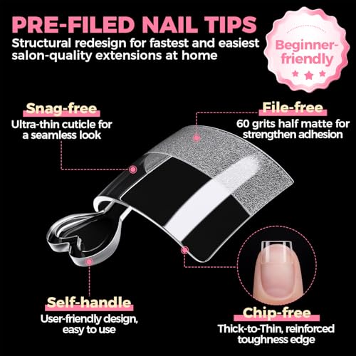 Image of UNA GELLA Short Square Gel Nail Tips Half Cover 504PCS Pre-buff Acrylic Nail Tips Square Clear False Fake Nails No C Curve DIY French Style Nail Extentions Art Salon 12 Sizes