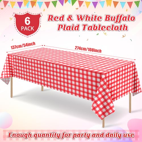Image of 6 Pack Red and White Plastic Checkered Tablecloth, Premium Decorative Disposable Red Gingham Plaid Table Cloths for Parties, Rectangle Party Table Cover for Picnic Farm Birthday Wedding, 54x108 Inch