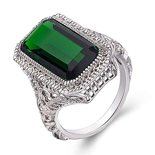 DTECGOUG 925 Sterling Silver Shiny Emerald Square Cut Green Simulated Emerald Vintage Silver Women's Ring Handmade Ring Single Stone Engagement Ring