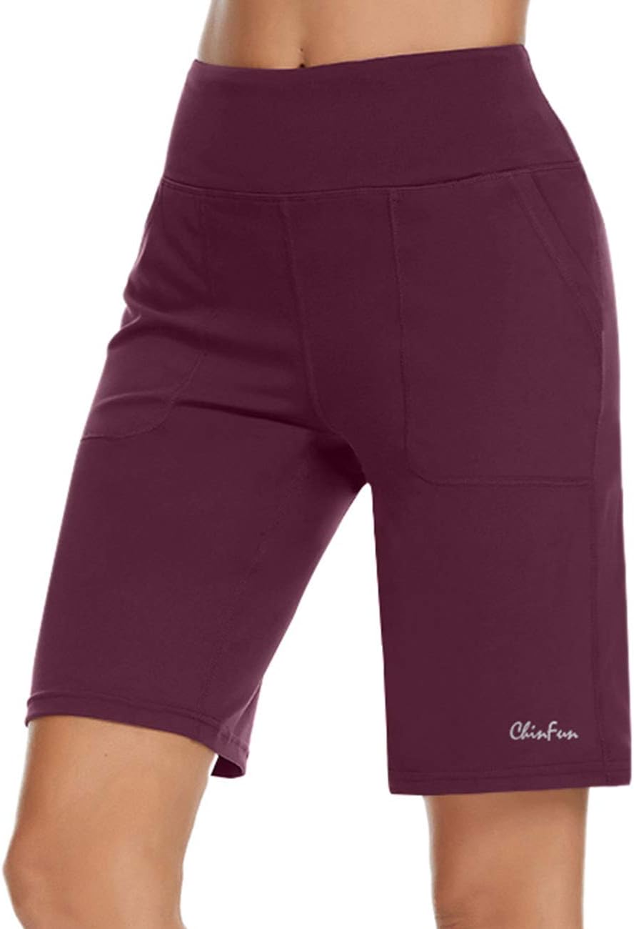 ChinFun Women's 10" High Waist Yoga Shorts Athletic Workout Running Lounge Bermuda Shorts with Pockets