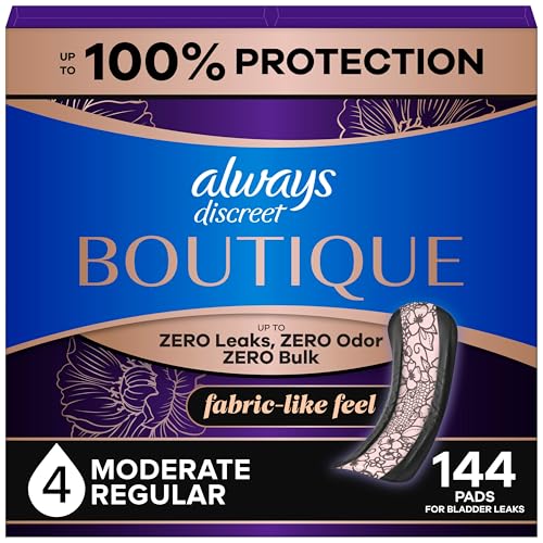 Always Discreet Boutique Incontinence Pads, for Bladder Leaks, Moderate Absorbency, Regular Length, 144 Count (3 Packs of 48)