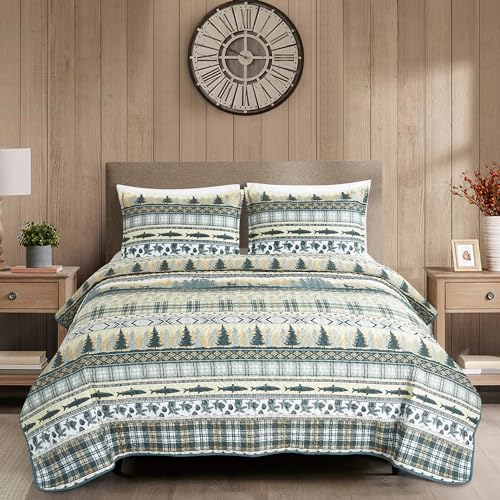 Chezmoi Collection Lake - Juego de edredón de 3 piezas Southwestern Lodge Queen – Juego de colcha ligera de microfibra con estampado multicolor de pinos, peces, ciervos, explorador, montaña, para