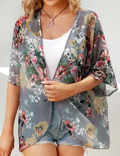 women39s floral print puff sleeve kimono cardigan loose cover up casual blouse tops