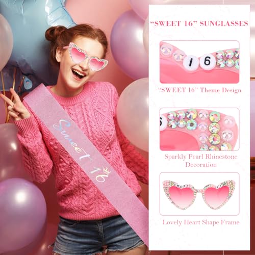Sweet 16 Party Decorations, Birthday Sash & Glasses Set, Sweet 16 Gifts for Girls Sweet 16 Party Favors 16th Birthday Decorations for Girls3