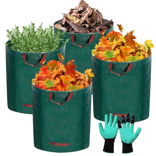 YIYADI Sacchi da giardinaggio,4x 300LSacchi per rifiuti da giardino,Giardinaggio - Impermeabili,Polipropilene (PP)-Robusto,e riutilizzabili Borsa da Giardino,Include Guanti protettivi