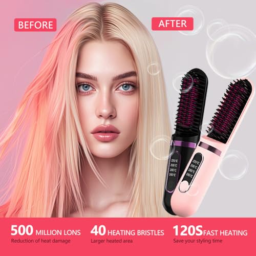 Cordless Hair Straightener Brush, Portable Straightening Brush for Women, Mini Negative Io - image 3