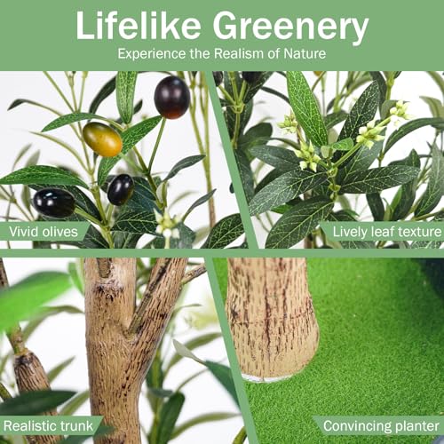 Caxchiling Faux Olive Tree 6FT, Artificial Potted Tree with Planter, Silk Plants Indoor Outdoor, Lifelike Olive Plants with Natural Wood Trunk, Fruits and Buds, Home Office Decor, 1 Pack