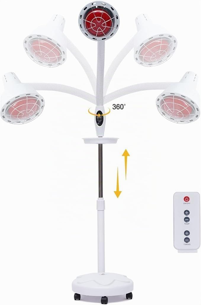Rotlichtlampe Wärmelampe 275 W, 360°-Drehung Infrarotlampe mit Fernbedienung, Temperatur 0-115°C und Höhenverstellbar 49-63 Zoll, Rotlichtlampe Therapie mit Ständer und 4 beweglichen Universalrädern