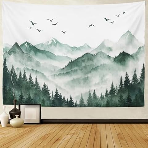 Amonercvita Misty Mountain Forest Tapestry Watercolor Nature Landscape Tapestry Aesthetic Foggy Forest Tees Wall Hanging Green Woodland Scenery Backdrop for Bedroom Cover