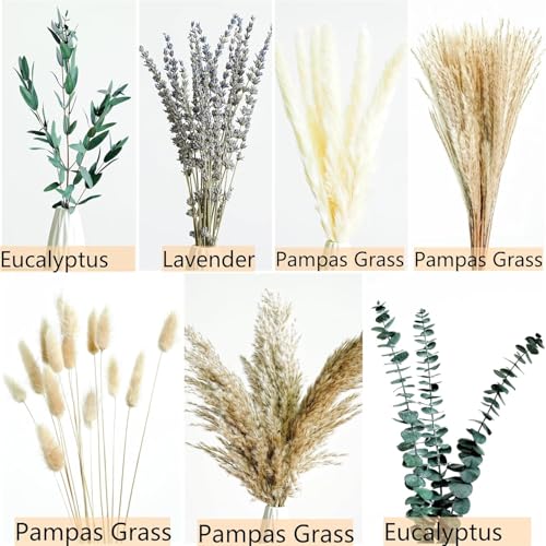 Image of Qlect Dried Flower Bouquet Set for Home Decor | Pampas Grass, Bunny Tail, Lavender & Eucalyptus Mix, Boho Aesthetic Vase Decoration, Natural Dried Flowers Gift Set