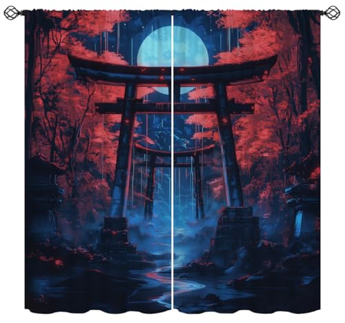 Japanese Torii Gate Blackout Curtains for Girls Boys Kids Home Decor, Bushido Anime Dark Fantasy Rod Pocket Thermal Insulated Drapes Darkening Window Curtain for Bedroom Living Room, 42 x 63 Inch