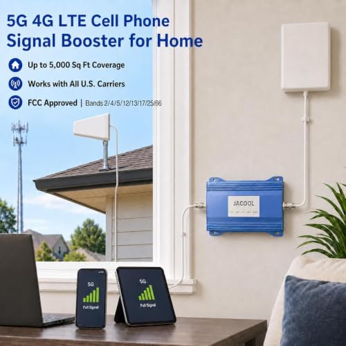 Image of Cell Phone Signal Booster for Home, 5G 4G LTE, Up to 5,000 Sq Ft | All U.S. Carriers, Bands 2 4 5 12 13 17 25 66, FCC Approved, outdoor antenna, indoor panel, signal required