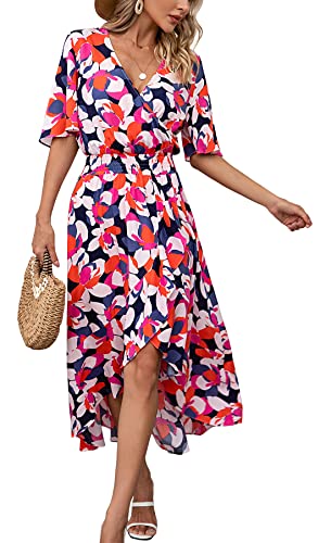 Image of Kormei Women Short Sleeve V Neck Floral High Low Flowy Summer Party Long Maxi Dress