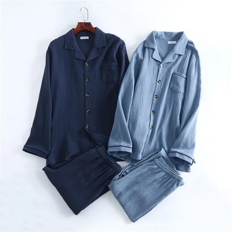 Men's Gauze Suit Collar Pajamas Solid Color Button Home Set Lounge Wear Navy Blue XXXL2