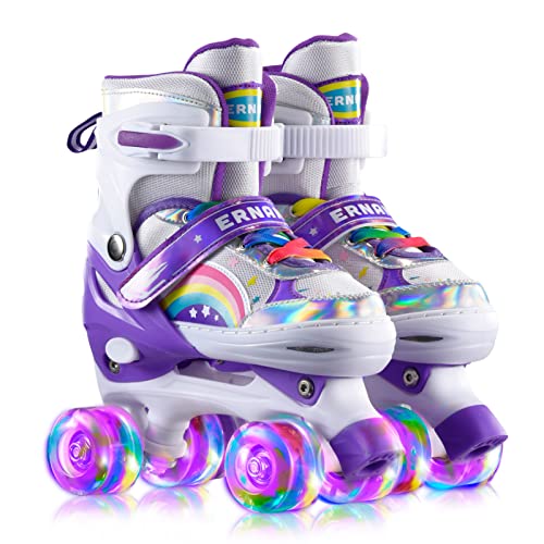 ERNAN Roller Enfant 4 Tailles Réglables - Patins Quad Avec 8 Roues Lumineuses, Roulements ABEC-7, Sécurité Triple - Filles Et Garçons