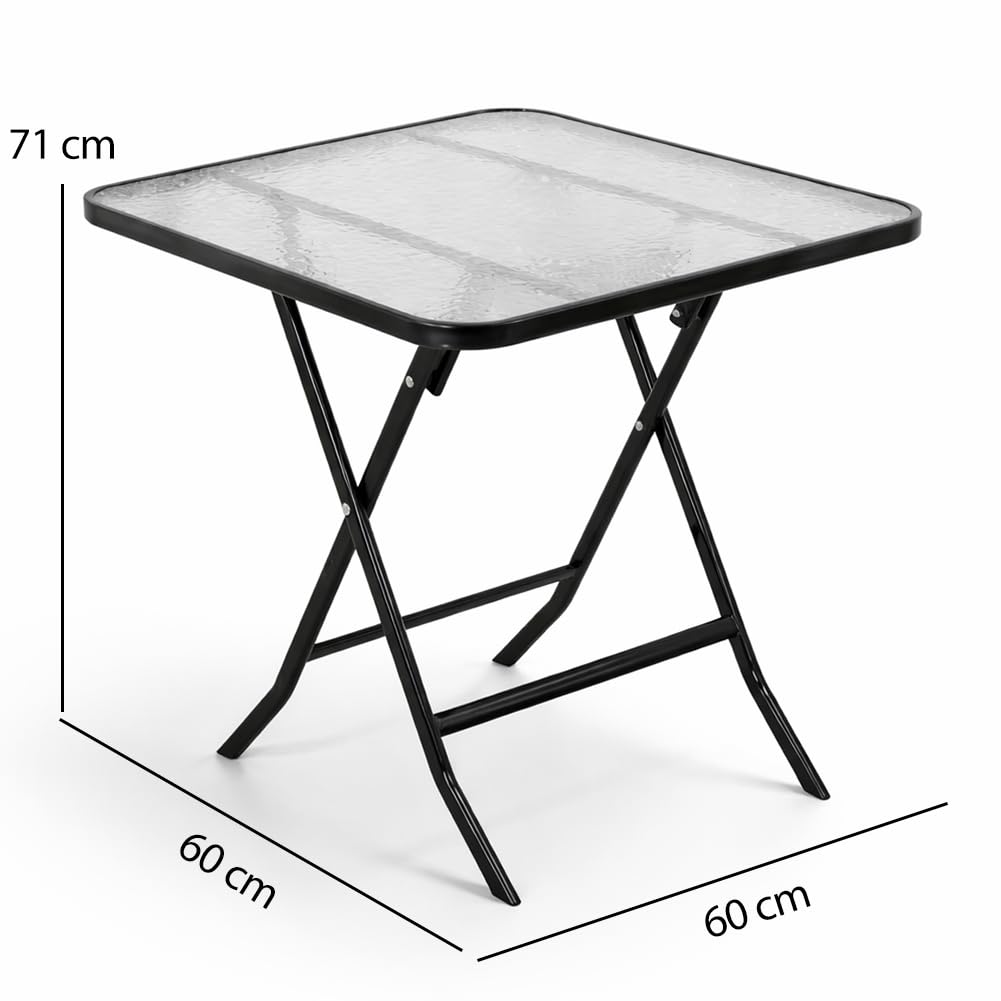 BAKAJI Tavolino Pieghevole da Esterno e Interno con Struttura Nera e Piano in Vetro, Tavolo Salvaspazio Richiudibile Ideale per Bar, Ristoranti, Balcone, Giardino, Terrazzo, 60 x 60 x 71 cm (Quadrato)