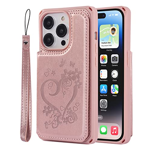 Image of Cavor for iPhone 14 Pro Case with Card Holder,for iPhone 14 Pro Wallet Case for Women Men,Phone Case for iPhone 14 pro with Stand Credit Card Holder, Leather Strap Shockproof Cover- Rose Gold