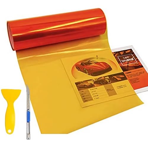 KOMAS 12” X 48” Tint Vinyl Film Sticker Sheet Roll for Car Headlight, Tail Lights, Fog Lights with Squeegee + Cutter (Glossy Orange)