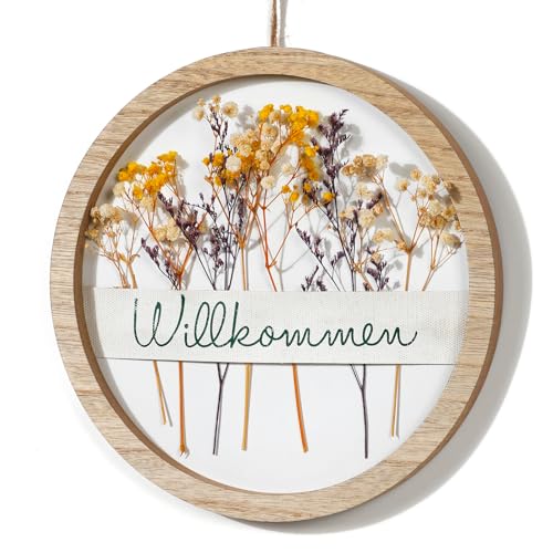 JUJOYBD Runder Türkranz mit Trockenblumen, Willkommen Schild, 26 cm, Dekorativer Kranz mit Holzrahmen, Boho Wanddeko zum Aufhängen für Haustür Wohnzimmer Fenster JUJOYBD Runder Türkranz mit Trockenblumen, Willkommen Schild, 26 cm, Dekorativer Kranz mit Holzrahmen, Boho Wanddeko zum Aufhängen für Haustür Wohnzimmer Fenster