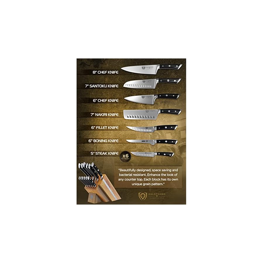 DALSTRONG-12-Piece-Knife-Block-Set-Gladiator-Series-Black-Handles-German-HC-Steel-Hand-made-Manchurian-Ash-Wood-Block-NSF-Certified DALSTRONG Gladiator Series Elite 12-Piece Stainless Steel Knife Set with Block-Handmade Manchurian Ash Wood-German High-Carbon Steel-Gift Wooden Knife Block Set w/Black Handles-NSF Certified