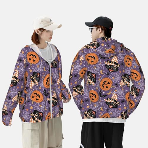 Vintage Halloween Black Cat Print Men'S Women Full Zip Sun Protection Long Sleeve Sun Shirts For Men Hiking Fishing-4
