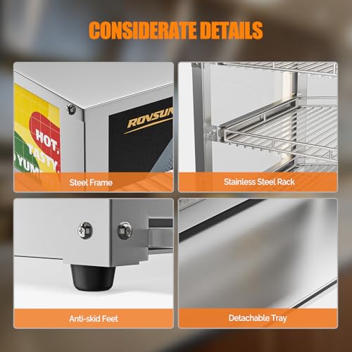 Image of ROVSUN Food Warmer Pizza Warmer Countertop, 3-Tier Commerical Food Warmer Display with LED Lighting Removable Shelves Glass Door, Pretzel Warmer for Buffet Restaurant Cafe, 110V 800W