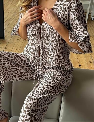 Image of codcm Womens Cotton Pajama Set Ruffle 2 Piece Tie Front Shirt and Long Pants Cute Printed Sleepwear