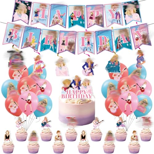 38PCS Singer Birthday Decorations Balloons Party Decorations Party Supplies Include Happy Birthday Banner Balloons Cake Topper Spiral