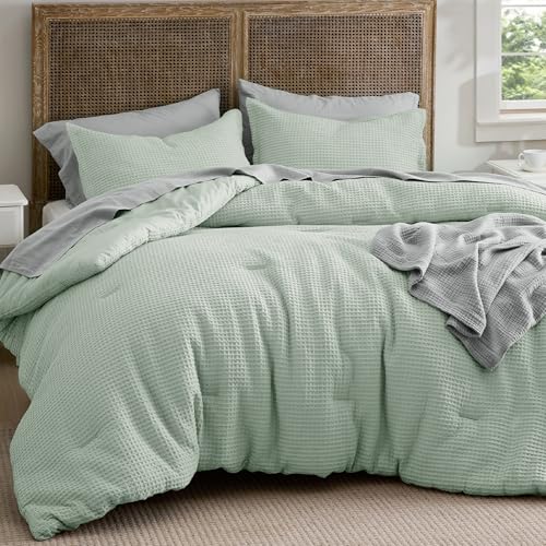 Image of Bedsure Waffle Comforter Set King, Sage Green Soft Bedding, Waffle Weave Bed Set, 3 Pieces, 1 Comforter (104 inchx90 inch) and 2 Pillow Shams, Cotton Shell and Polyester Lining for All Seasons