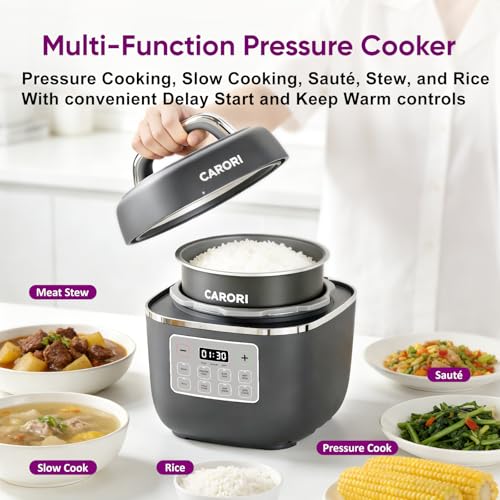 Image of Carori 8-in-1 Electric Pressure Cooker, Compact 3 QT All-in-1 Multi-Cooker with Ceramic Pot, Saute, Slow Cook, Rice, Stew, Delay Start, Keep Warm & Safe Vent, Gray