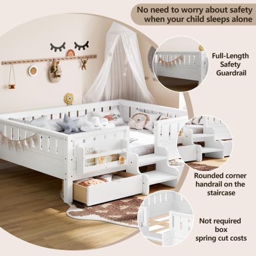 Bellemave Full Size Montessori Bed with 2 Drawers & Bookshelf, Kids Full Bed Frame with Safety Rails & Stairs for Girls Boys, White