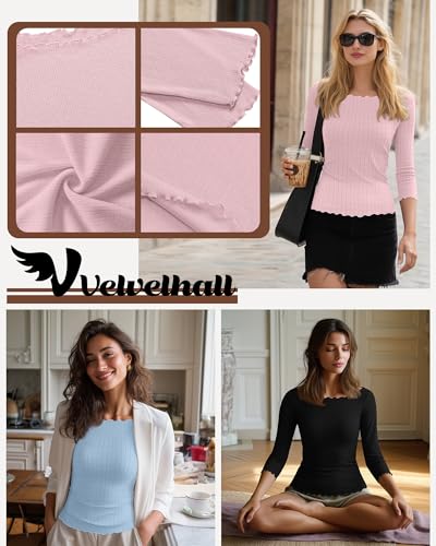 3 Pack Women's 3/4 Sleeve Boat Neck Tops Lettuce Trim Jacquard Shirts Slim Fit Casual Layering Basic Tees2