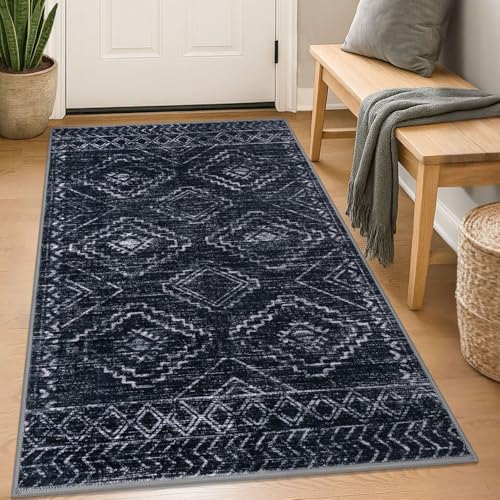 KILOCOCO Boho Entryway Rug 3x5 Area Rug Washable Non Slip Throw Rugs Soft for Kitchen Living Room Dining Bedroom Geometric Moroccan Carpet, Black