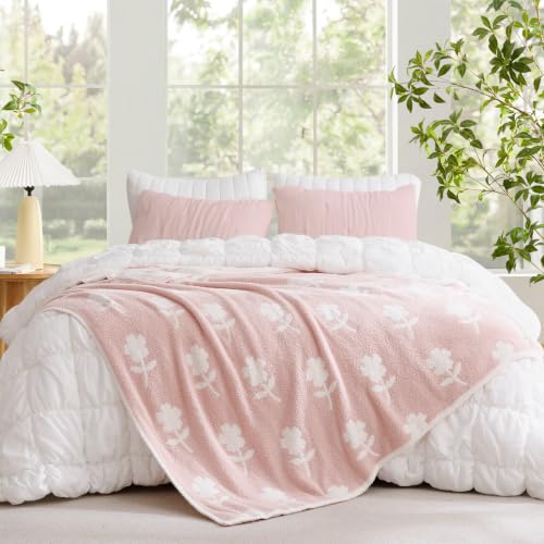 Snuggle Sac Twin Size Bedding Blanket, Pink Flower Throw Blanket for Couch, Microfiber Fluffy Warm Cozy Fuzzy Soft Reversible Blankets, Pink, 60x80 inches - image 1