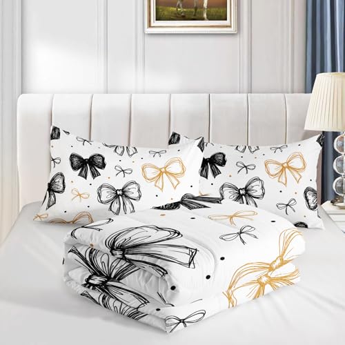 Image of AILONEN Black Gold Bow Comforter Queen 3 Piece Aesthetic Hand Drawn Bedding Premium Microfiber Quilted Duvet Alternative Master Bedroom Decor Stylish Quilt 2 Cases