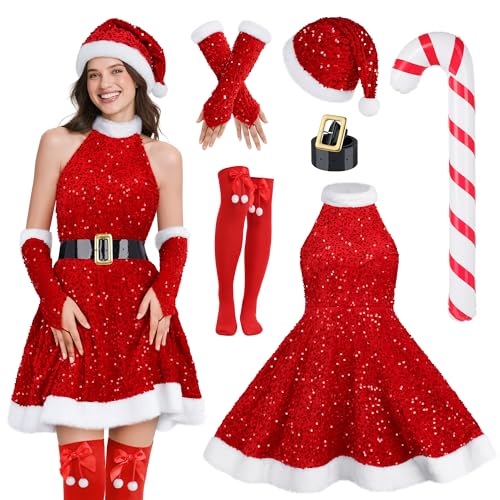 SOMSOC 6 Pack Women Santa Claus Costume Sparkly Red Sequin Halter Dress with Belt Hat Socks for Christmas Parties (Red XX-Large)