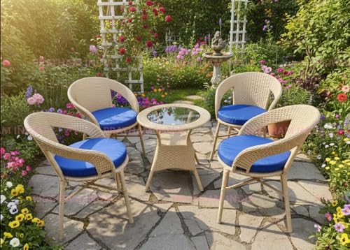 Image of India Outdoor Indoor Patio Furniture Sets Rattan Chair Patio Set Conversation Set Poolside Lawn Chairs Swingarea Balcony Outdoor Garden Furniture Chair (Honey with Blue Cushion 4+1)
