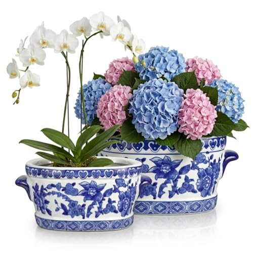 Blue and White Ceramic Planter Pot Vintage Floral Oval Cachepot Vase for Indoor Plants Flowers & Succulents Glazed Chinese Porcelain Style Decorative Bowl 7.4 or 10.6 Size No Drainage