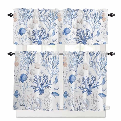 Blue Coastal Kitchen Curtains 36 Inch Length, 3 Piece Rod Pocket Small Half Tiers and Valance Set, Summer Ocean Fish Shell Small Large Window Treatment Decor for Bedroom/Bathroom Sink