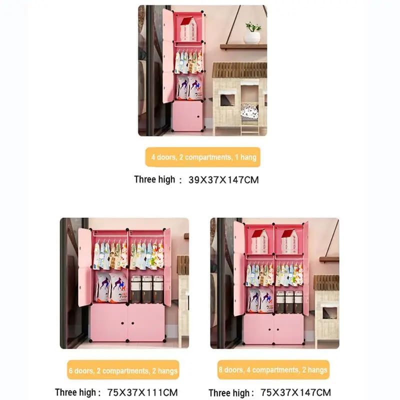 Image of Plastic Wardrobe for Kids Clothes - Durable, Easy to Use Anti-Skid & Non-Slip Effective Professional Collapsible Wardrobe, Plastic Cupboard for Kids, Foldable Almirah (Pink, 8-Cube)