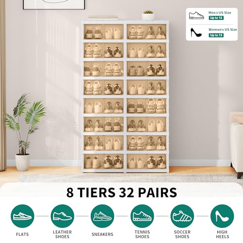 GOOBED 8-Tier Shoe Rack for 32 Pairs, Foldable Shoe Storage Boxes with Magnetic Doors, Easy Assembly Sneaker Organizer for Closet, Entryway, Living Room, Collapsible Shoe Cabinet (White)