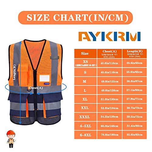 Image of Hi-Vis Mesh Vest, Breathable, Black Front Zipper, Orange /Navy, XS | Orange /Navy XS mesh vest with 7 pockets, transparent ID pocket and radio mic loop for utility work and site supervision.