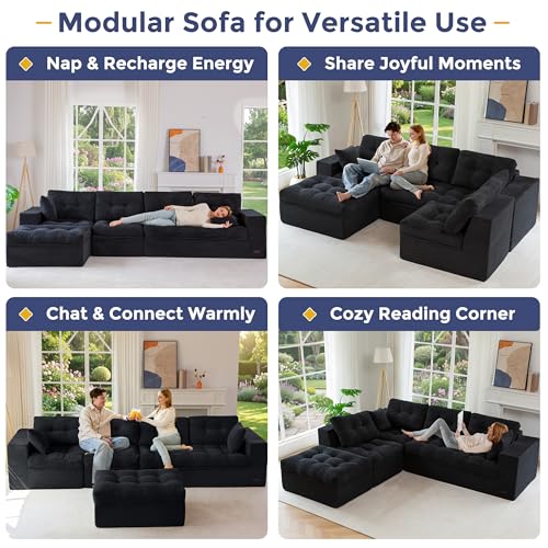 Image of MAXYOYO 132 inch L Shaped Modular Sectional Sofa with Ottoman, Cloud Boneless Couch with Layered Cushion, Upholstered Sofa in a Box, Flexible Module Combination for Living Room, No Assembly, Black
