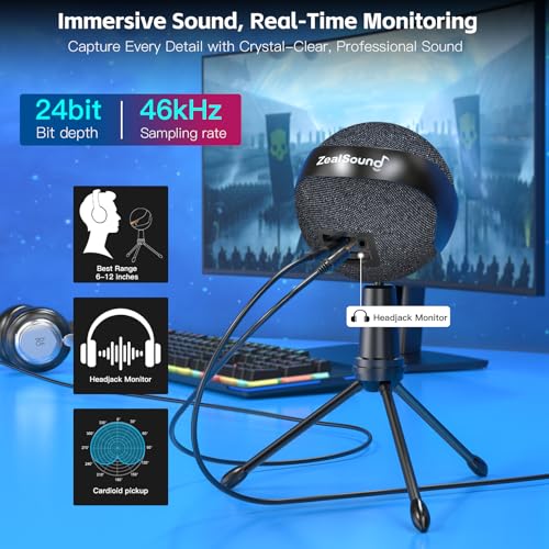Image of ZealSound Podcast USB Microphone for PC /Mac /iPhone, Cardioid Condenser Mic with Noise Reduction, Tap-to-Mute, RGB Lighting, Zero Latency Monitoring, Volume Control for Gaming, Recording, YouTube