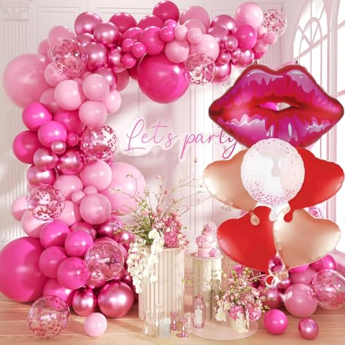 Image of Huge 30inch Red Lip Foil Balloons Set 6 Pieces, Red Hearts and Lips For Make Up Themed Party Bachelorette & Anniversary Decorations