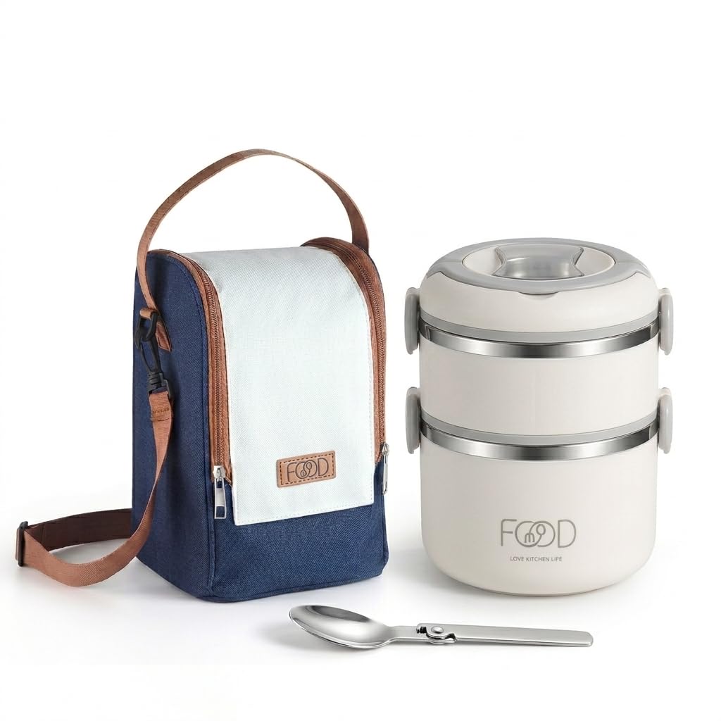 Boîte à Lunch Isotherme 2 Couches avec Sac Repas et Cuillère, 1840ml Acier Inoxydable 304, Contenant Alimentaire Portable, Sans BPA, Hermétique, Étanche avec Anneau d'Étanchéité, Grande Capacité