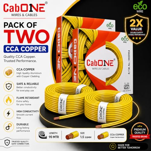 Image of CabONE 1.5 SQ.MM FR PVC Insulated Copper Electrical Wire, 90 Meter (Yellow, Pack of 2) | ISI Marked Fire Retardant Single Core Cable for Home Wiring