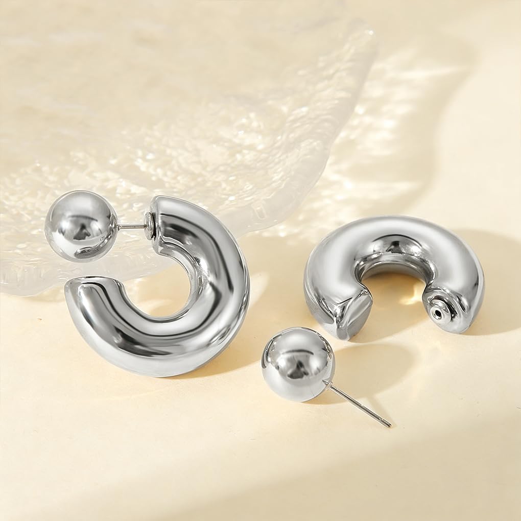 Dainty Gold Statement Earrings for Women Chunky Geometric Hoop Earring Unique Thick Open Hoop Stud Earrings Minimalist Jewelry Accessories Gifts